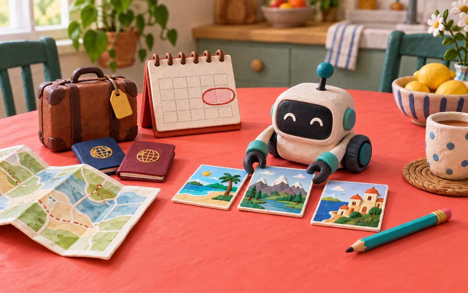 Clay travel table with a suitcase, map, calendar and a small helper arranging three destination cards.