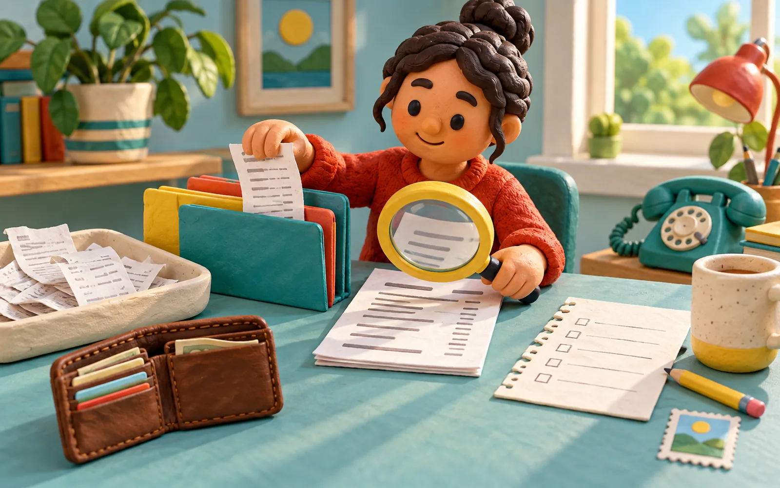Clay home desk with receipts, folders, a wallet and a person sorting papers with a magnifying glass.
